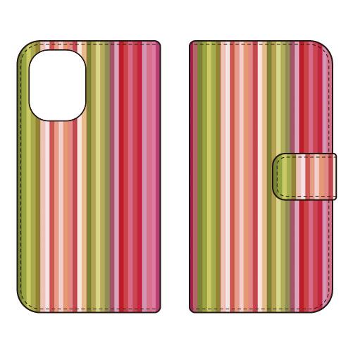 手帳型スマホケース ストライプ エンジ＆グリーン Coverfull (受注生産) iPhone 1...