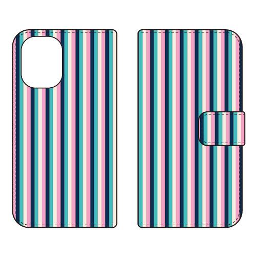 手帳型スマホケース ストライプ ネイビー＆ピンク Coverfull (受注生産) iPhone 1...