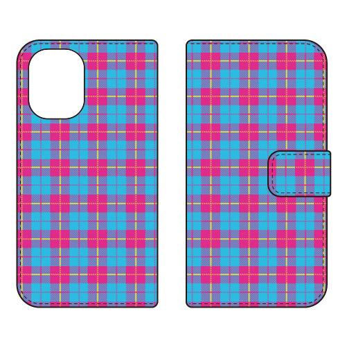 手帳型スマホケース チェック柄 （BLUE×PINK） (受注生産)  Cf LTD iPhone ...