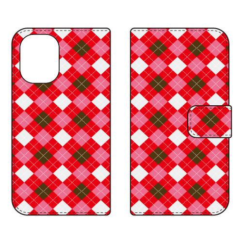 手帳型スマホケース チェック柄 （RED×PINK） (受注生産)  Cf LTD iPhone 1...