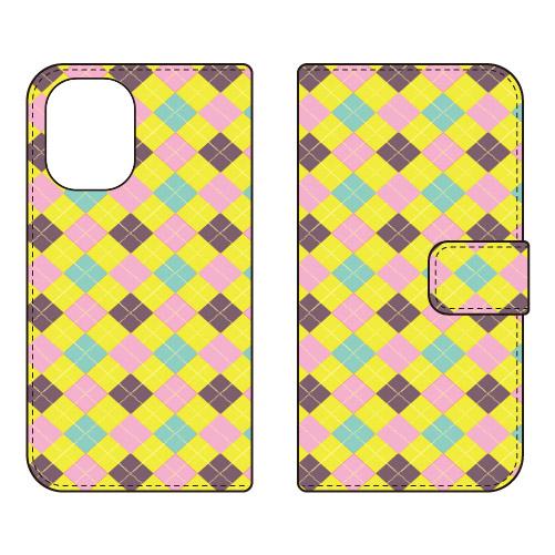 手帳型スマホケース チェック柄 （YELLOW×PINK） (受注生産)  Cf LTD iPhon...