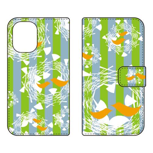 手帳型スマホケース 北欧風グリーン鳥 (受注生産)  Cf LTD iPhone 16