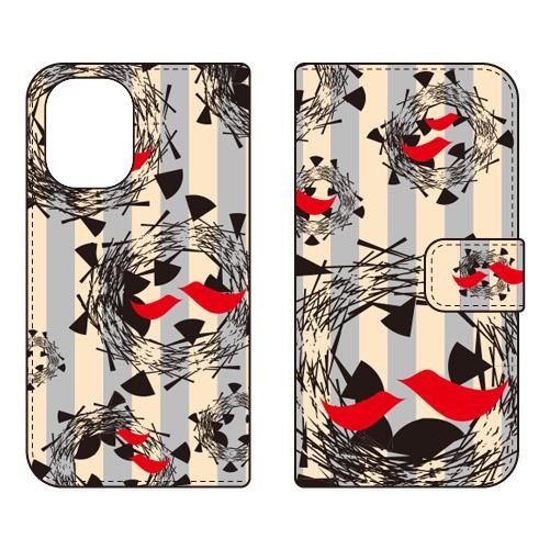 手帳型スマホケース 北欧風グレー鳥 (受注生産)  Cf LTD iPhone 16