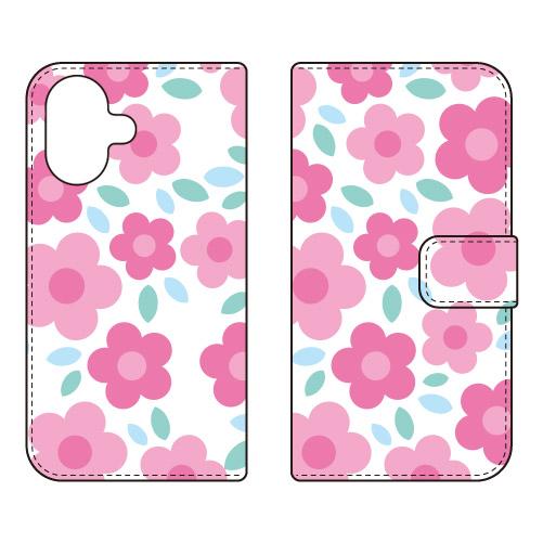 手帳型スマホケース フラワーポップ ホワイト×ピンク (受注生産)  SECOND SKIN iPh...