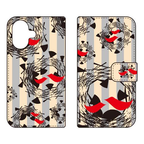 手帳型スマホケース 北欧風グレー鳥 (受注生産)  Cf LTD iPhone 17