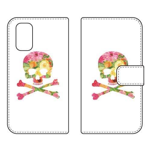 Redmi 9T 手帳 Flower skull ホワイト スマホケース (受注生産)