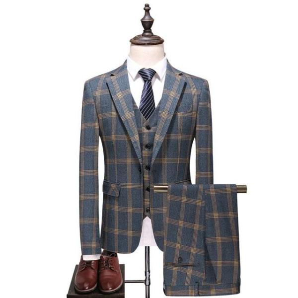 【タイムセール】チェック柄 スーツ メンズ 紳士服 タキシード ビジネススーツ 3点セット フォーマ...