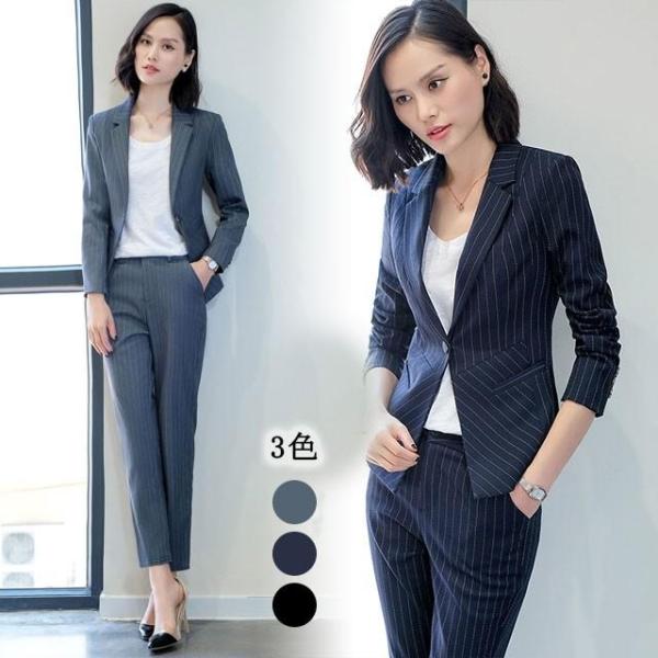 ストライプ スーツアップ レディース リクルートスーツ 春秋 パンツ 長袖 ブラウス ２点セット 通...