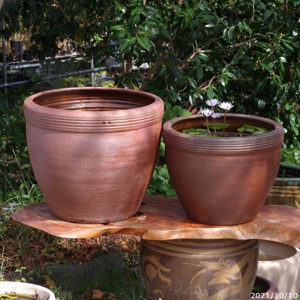 アジアンテイスト南蛮焼　水鉢　ハス鉢・蓮鉢・メダカ鉢　(小)（外観40cm　高さ34cm）(水あふれ...