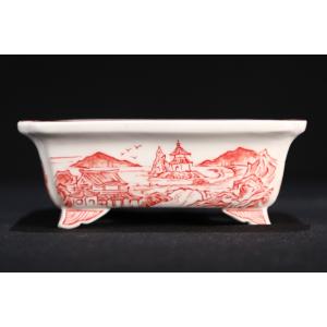 人気絵鉢作家 高山作 成形柴勝合作「高山赤絵山水図外縁隅入段足長方鉢」(4.5号)(間口約13.0cm)