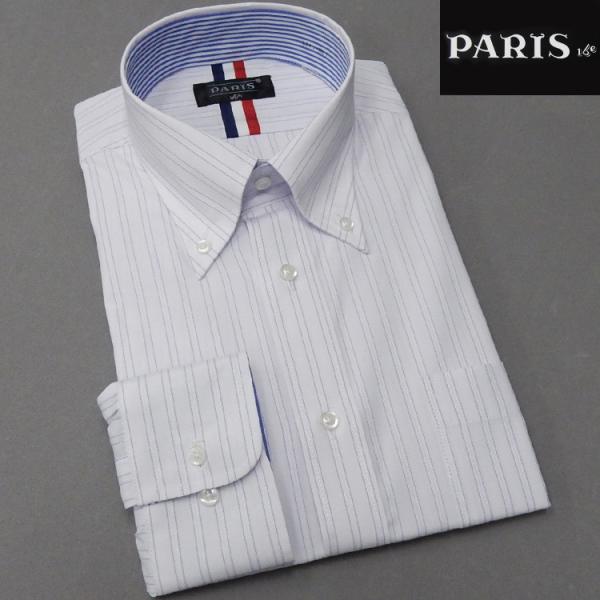 長袖ワイシャツ　白地×紫　杉綾入りストライプ　セミロングポイントカラー　ボタンダウン　PARIS-1...