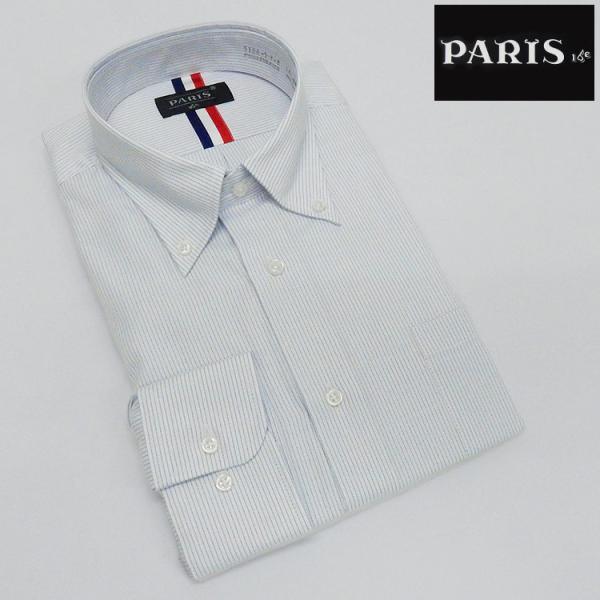 長袖ワイシャツ　白×青　ストライプ　ボタンダウン　PARIS-16e　形態安定　抗菌防臭加工　M-3...