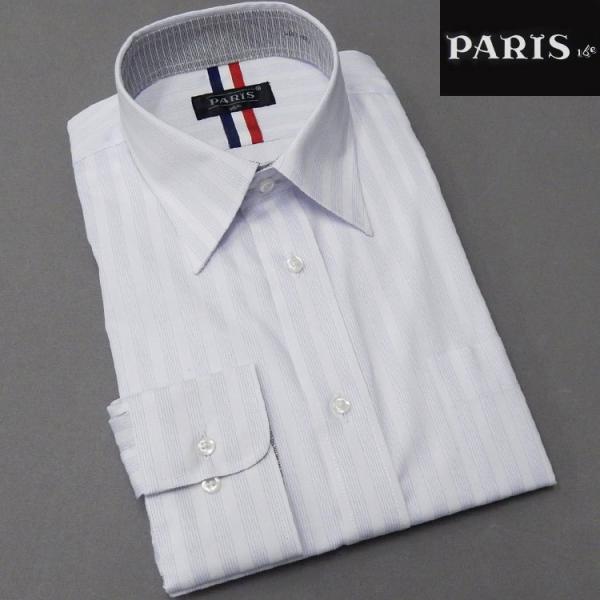 長袖ワイシャツ　白×青　ストライプ　レギュラー　PARIS-16e　形態安定　HKP-R10