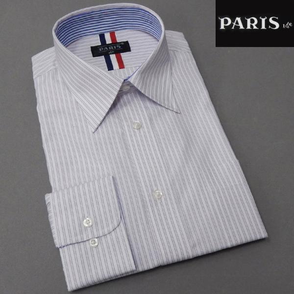 長袖ワイシャツ　白×紫系　ストライプ　レギュラー　PARIS-16e　形態安定　HKP-R18
