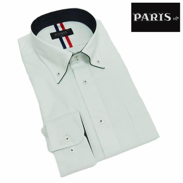 長袖ワイシャツ　極薄緑　ドビー鱗小格子　ドゥエ　ボタンダウン　PARIS-16e　形態安定　M-3L...