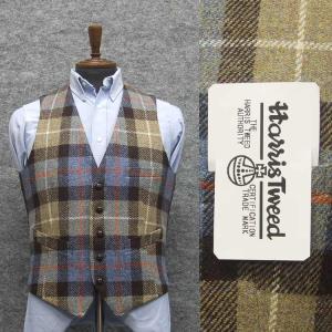 英国生地　[Harris Tweed]ハリスツイード　ベスト　日本製　[A体][AB体]対応　茶ベージュ系/格子　５釦　秋冬物　オッドベスト　HTV-J005