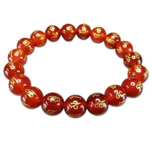 半透明濃い目カーネリアンAAA天然石六字真言金箔彫刻約10mmブレスレット数珠