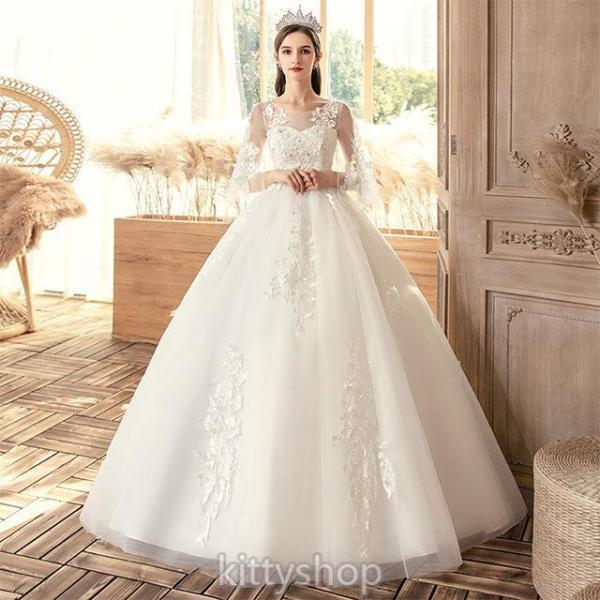 ウェディングドレス 大きいサイズ 妊娠 結婚式ドレス Aライン ホワイトドレス 袖あり ロング ブラ...