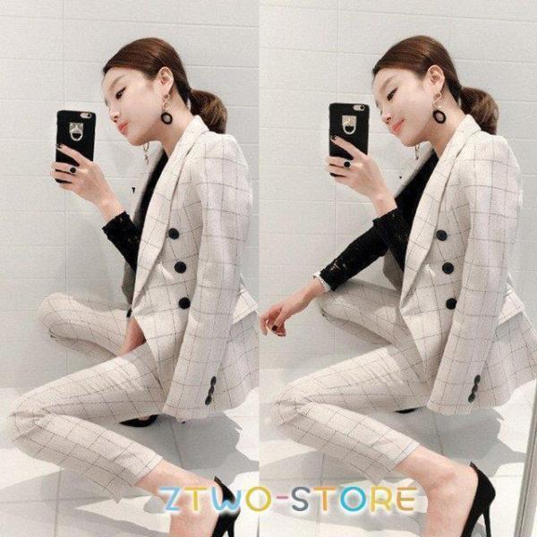 スーツ レディース チェック柄 ベージュ 2点セット パンツスーツ フォーマル レディーススーツ 通...