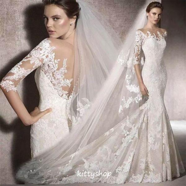 ウェディングドレス マーメイドドレス レース トレーンドレス 袖あり 7分袖 ロングドレス 花嫁ドレ...