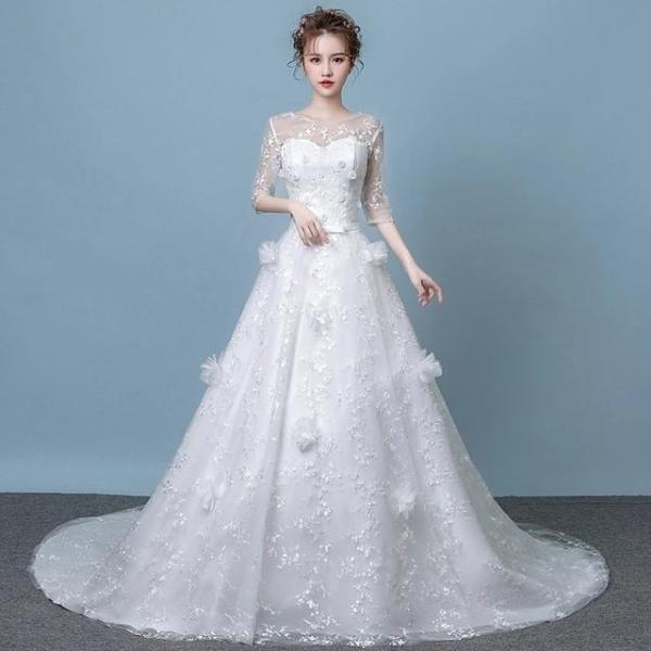 ウェディングドレス トレーンドレス 結婚式 花嫁 ブライダルドレス 7分丈袖 ホワイトドレス 姫系 ...