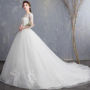 ウェディングドレス 袖あり トレーンドレス ロング ホワイトドレス 5分袖 結婚式 花嫁 披露宴 二次会ドレス Aライン 編み上げ パニエ付き