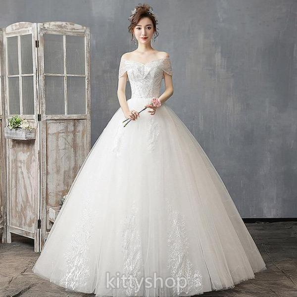 ウェディングドレス オフショルダー Aライン 花嫁ドレス Vネック ロングドレス 白 ホワイト 結婚...