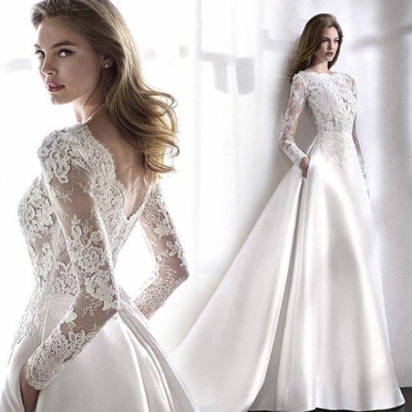 ウェディングドレスレースサテンドッキングトレーン結婚式ドレスホワイト長袖背開きAラインロングドレス二...