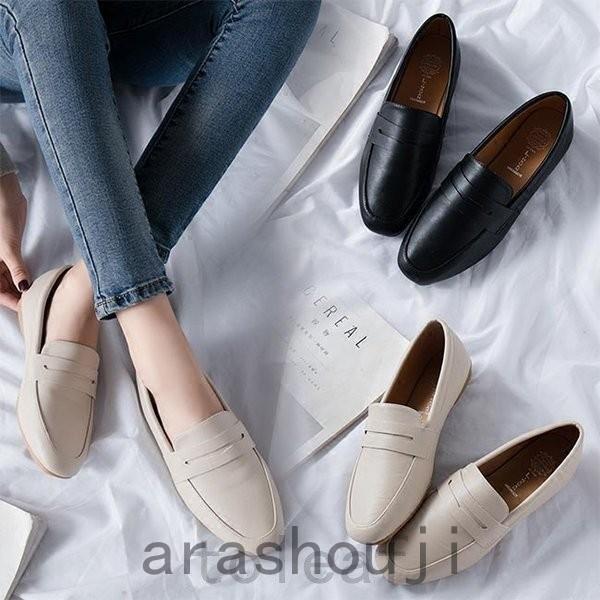 フラットシューズレディースPUシューズローファーぺったんこパンプスレトロシューズPUパンプスローヒー...