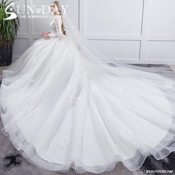 ウェディングドレス ウェディングドレス白 パーティードレス 可愛いレース 長袖花嫁ロングドレス 結婚...