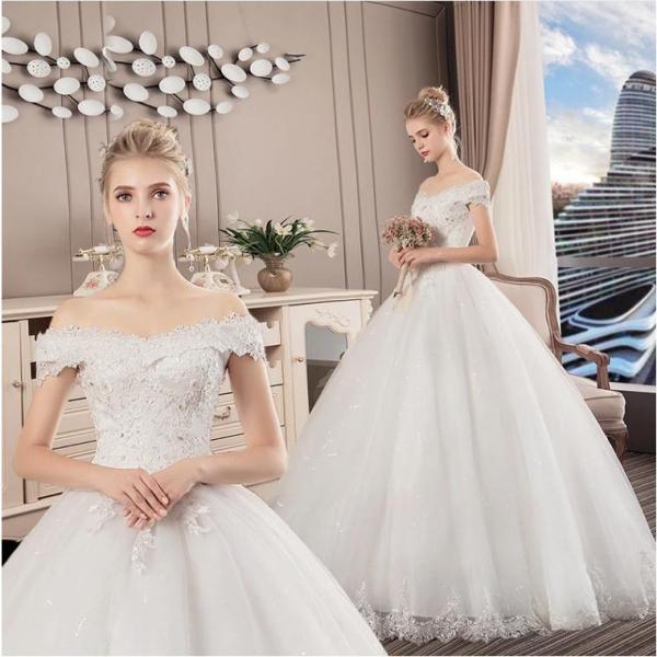 【人気商品】ウェディングドレス オフショルダー Aライン 結婚式 花嫁 ブライダルドレス 披露宴 ホ...