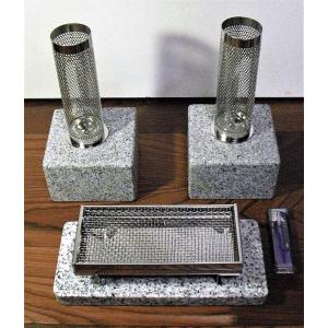 お墓用 ステンレス ローソク立 防風リング台座付き 一対 ステンレス 線香皿＆磨き御影石台座