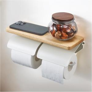 送料690円 トイレットペーパーホルダーペーパーホルダー 天板 棚 木製 2連 シングル ダブル ペーパーホルダー アイアン