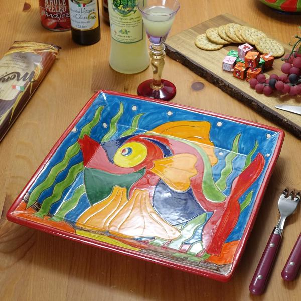 南イタリア レッチェ フィッシュ柄 角皿 魚 絵皿 28x28cm アクア 青 スクエア プレート ...