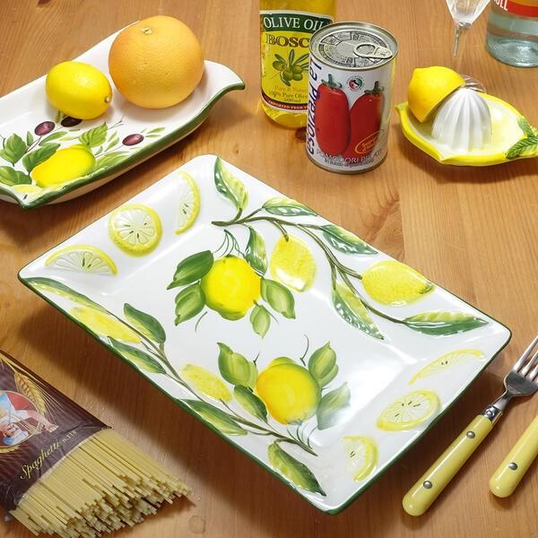 イタリア製 長皿 角トレー パスタ皿 食器 陶器製 レモン オリーブ 柄 立体 レリーフ付 ランチプ...