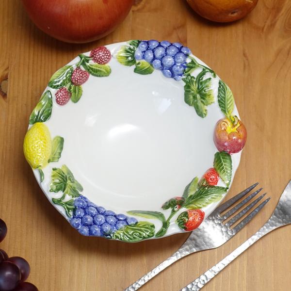 イタリア製 フルーツ柄 デザートボウル サラダボウル 白 ハンドペイント 食器 ギフト 直径17cm...
