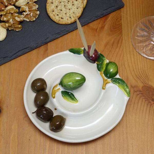 イタリア 食器 (12cm) オリーブ柄 陶器製 ピックスタンド付 渦巻き 型の お皿 グリーンオリ...