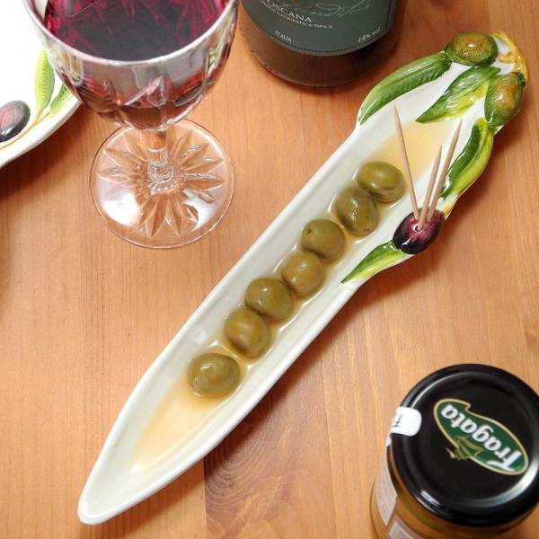 イタリア製 オリーブ 食器 ロングプレート パーティー用 ハンドメイド ソーセージ用 グリーンオリー...