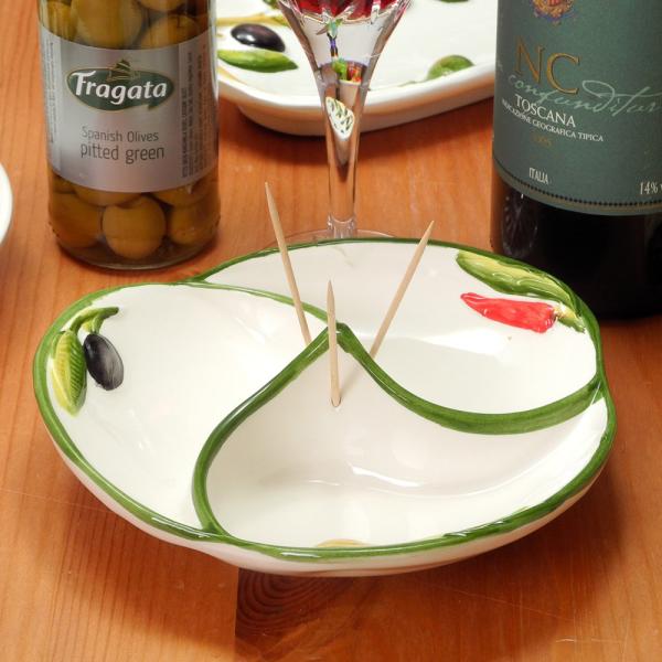 イタリア製 ハンドメイド 陶器製 プレート トウガラシ オリーブ ガーリック トリオ皿 三分割皿 お...