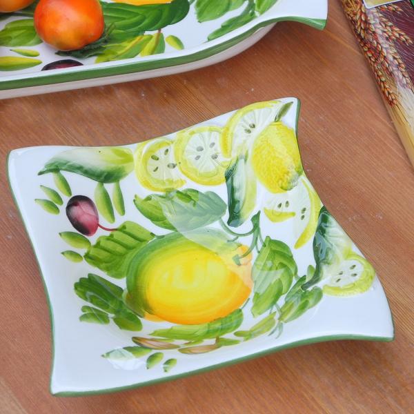 イタリア製 陶器 レモン オリーブ 立体 レリーフ デザートボウル ハンドメイド スクエア 小鉢 食...