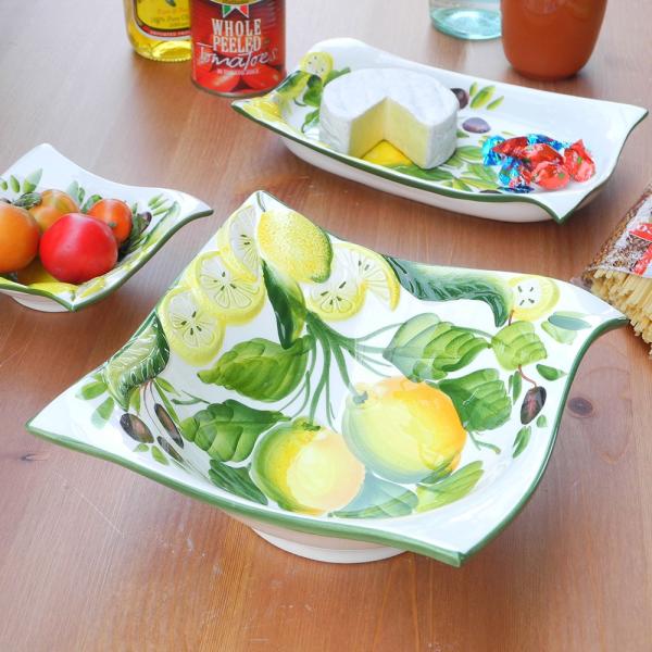 イタリア製 陶器 深皿 レモン柄 オリーブ柄 食器 鉢 スクエアボール イエロー bre-1646-...