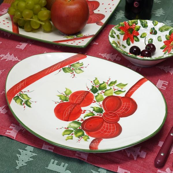 クリスマス テーブルウェア イタリア製 陶器 中皿 31X25cm オーバル リボン パーティープレ...