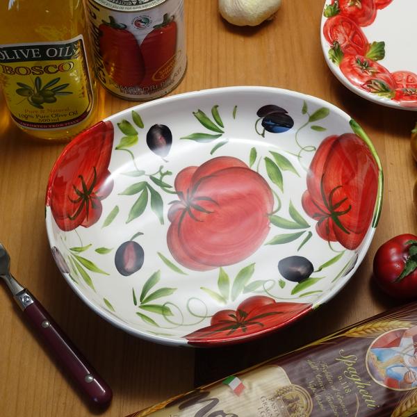 イタリア製 トマト柄 サラダボウル 浅め 陶器 食器 ハンドメイド ベジタブル 鉢 真っ赤な Pom...