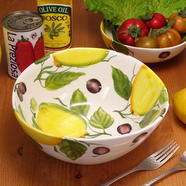 イタリア製 レモン柄 陶器製 サラダボウル 深鉢 カフェ ボウル 24cm ハンドメイド ハンドペイ...