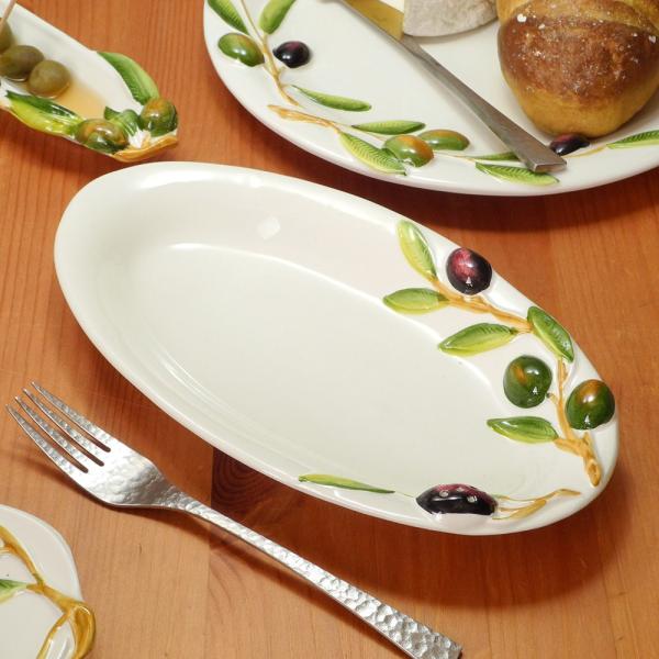 イタリア製 オーバルプレート 楕円 平皿 オリーブ柄 食器 ピックスタンド 26cm 前菜皿 パーテ...