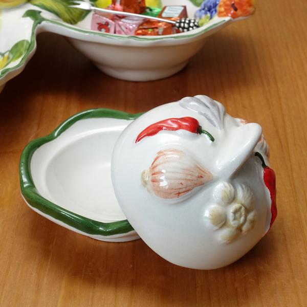 イタリア製 陶器 蓋付き ミニボックス スパイス ソース入れ 小箱 ガーリック柄 トウガラシ柄 ハン...