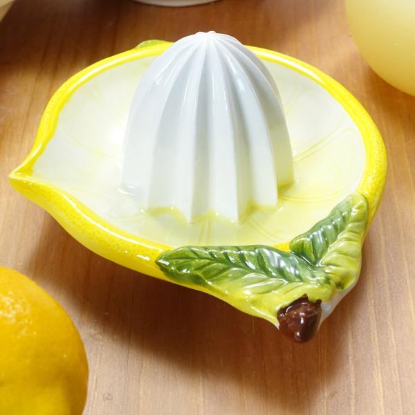 イタリア製 レモン柄 カフェ 食器 陶器製 レモン絞り器 黄色 レモンスクイーザー シトラスジューサ...