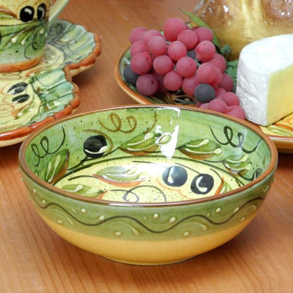 ポルトガル製 カフェ食器 サラダボウル 手描きフレンチ ブラックオリーブ柄 グリーン 小鉢 13cm...