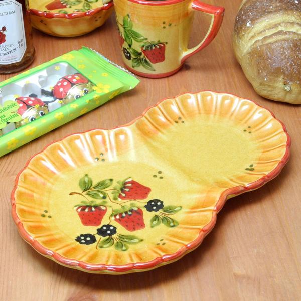 ポルトガル製 食器 手描き ストロベリー柄 おうちカフェ 食器 モーニングプレート イエロー ピーナ...