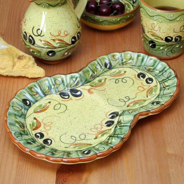 ポルトガル製 カフェ 食器 陶器 ブラックオリーブ柄 楕円皿 プレート モーニングプレート 26×1...